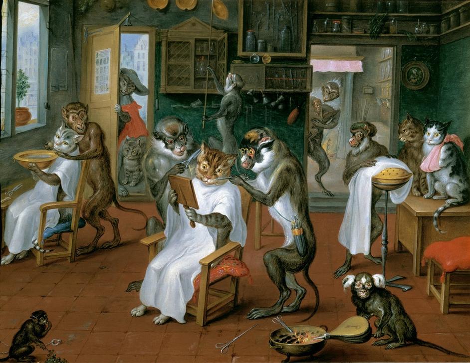 Barbierstube mit Affen und Katzen a Abraham Teniers