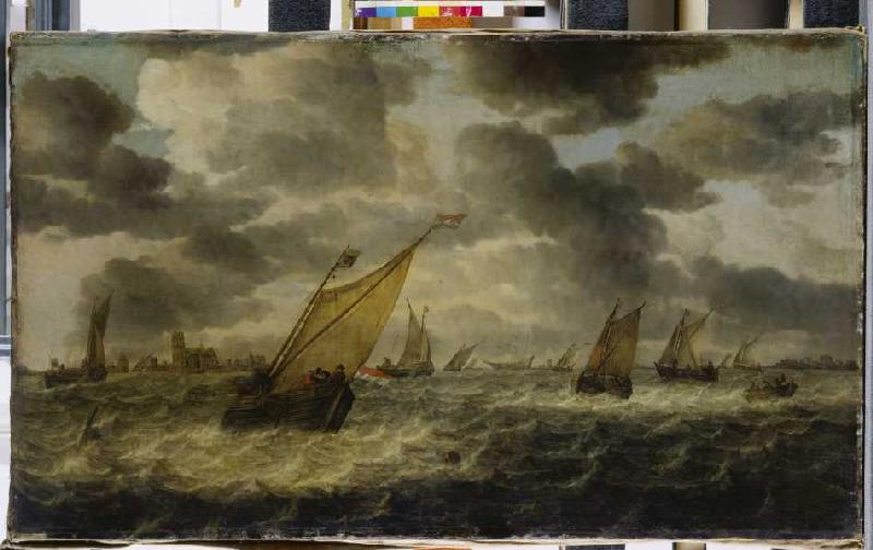 Die Mündung der Maas mit Segelbooten und Ruderkahn, im Hintergrund Dordrecht a Abraham van Beyeren