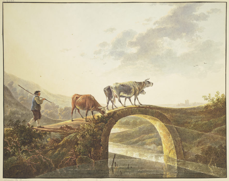 Hirte mit drei Rindern auf einer Flußbrücke a Abraham van Strij