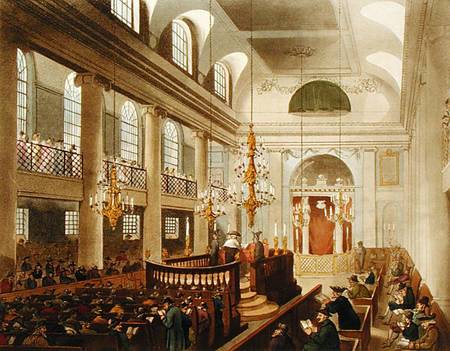 Synagogue, Dukes Place, Houndsditch, from Ackermann's 'Microcosm of London', engraved by Sunderland a A.C. Rowlandson
