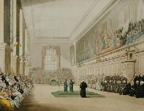 The Hall, Blue Coat School, from 'Ackermann's Microcosm of London', engraved by J. Hill