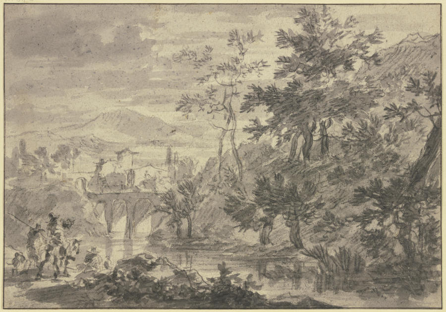 Landschaft mit einem mit Weiden bewachsenem Fluß, über welchen eine Brücke mit drei Bogen führt, vor a Adam Pynacker