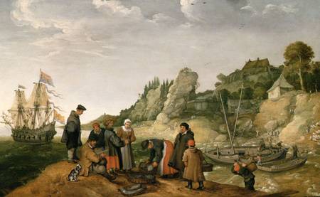 Fisherman unloading and selling their catch on a rocky shoreline a Adam Willaerts