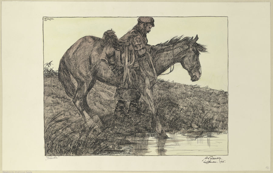 Tränke. Soldat mit Pferd am Wasser a Adolf Jansen