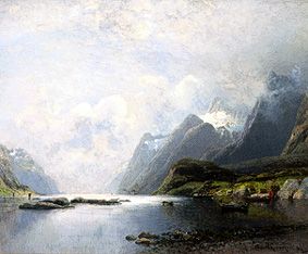 Fiord landscape with steamships and sailing boats a Adolf Schweitzer