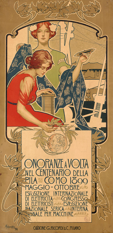 Poster advertising the exhibition of electrical products held in honor of the 100th anniversary of t a Adolfo Hohenstein