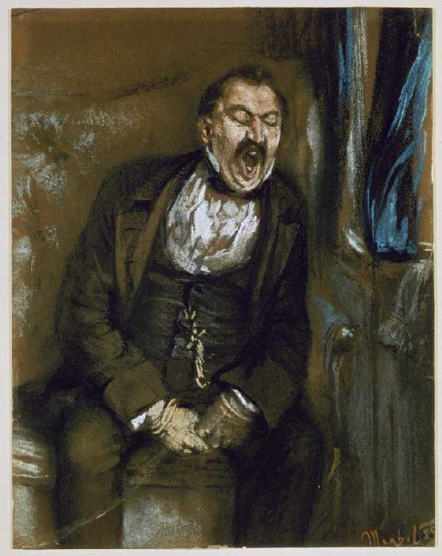 Yawning sir in the railway coupé. a Adolph Friedrich Erdmann von Menzel