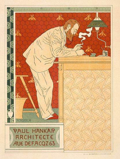 Reproduction of a poster advertising the architectural practice of Paul Hankar a Adolphe Louis Charles Crespin