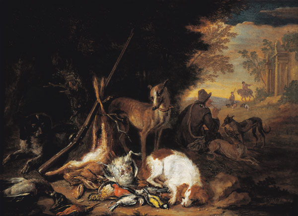 A Hunter with his Dogs a Adriaen de Gryef