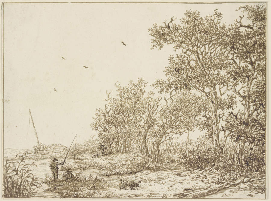 Landschaft mit Bäumen, vorne ein Angler a Adriaen Hendriksz. Verboom
