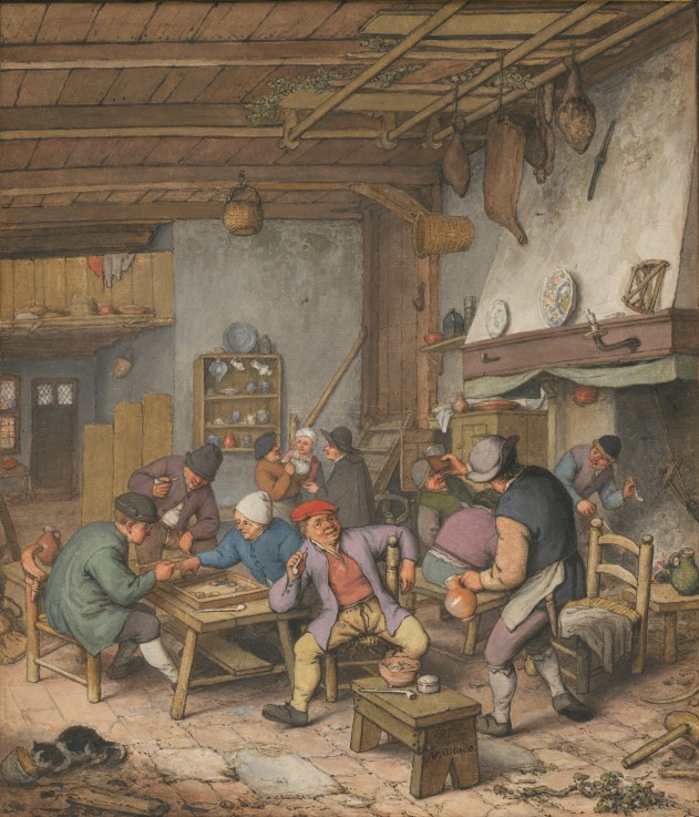 Room in an Inn with Peasants Drinking, Smoking and Playing Backgam a Adriaen Jansz van Ostade