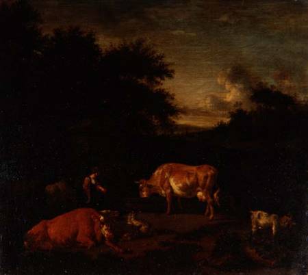 Shepherdess and a Drover with their Flocks by a Classical Fountain in a Wooded Landscape a Adriaen van de Velde