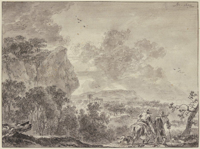 Italienische Landschaft, bewaldete Ebene, vorne zwei Wanderer, der linke beritten a Adriaen van der Cabel