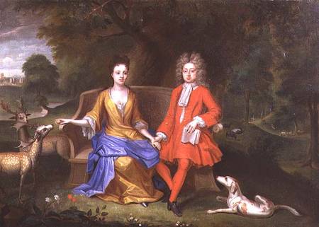 Portrait of Sir Charles Shuckburgh and his wife, Diana, with Shuckburgh Hall, Warwickshire in the ba a Adriaen van Diest