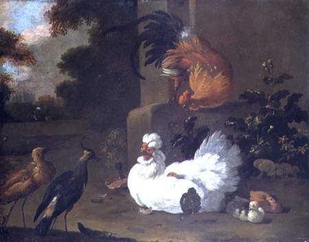 A Ruft, a Lapwing and chickens by a mounting block a Adriaen van Oolen