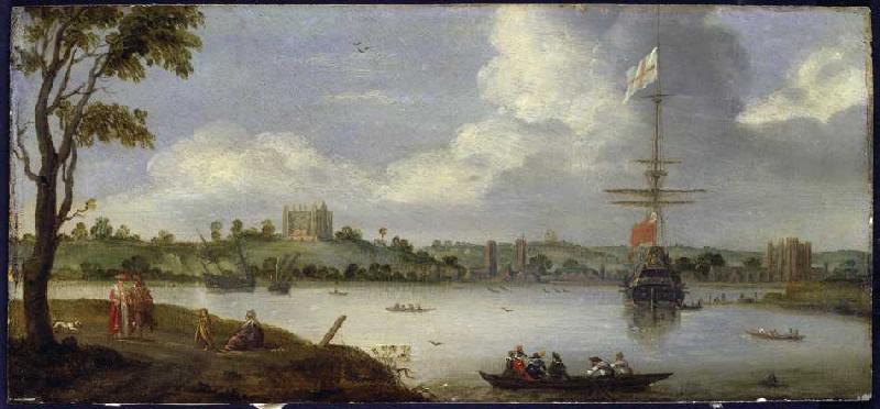Look at the GreenwichPalast of the northeast with a warship in front of anchor a Adriaen van Stalbemt