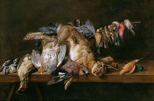 Still life of dead birds and a hare on a table a Adriaen van Utrecht