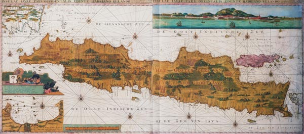 Insulae lavae, a large folding map of Java with two insets both depicting views of Batavia (Jakarta) a Adrian Reland