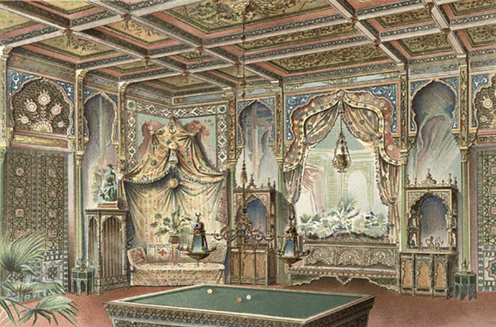 A Moorish billiard room, illustration from La Decoration Interieure, published c.1893-94 a Adrien Simoneton