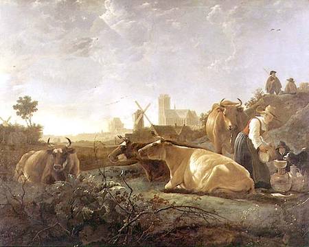 A Distant View of Dordrecht with Sleeping Herdsman and Five Cows ('The Small Dort') a Aelbert Cuyp