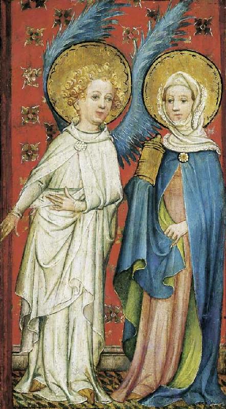 Der Engel empfängt die drei Marien am Grabe (linker Flügel). a Älterer Meister der Aachener Schranktüren