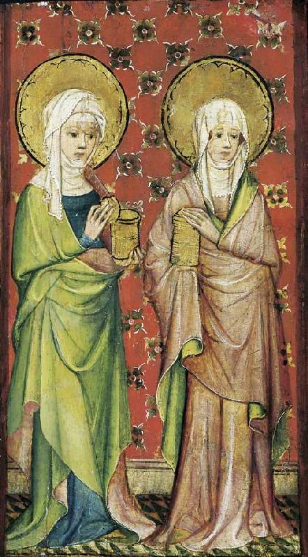 Der Engel empfängt die drei Marien am Grabe (rechter Flügel). a Älterer Meister der Aachener Schranktüren