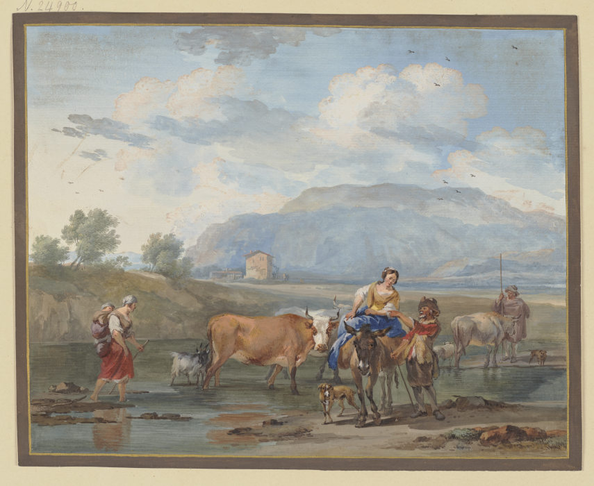 Hirten treiben Kühe durch ein Wasser, links trägt eine Frau ihr Kind auf dem Rücken, rechs reitet ei a Aert Schouman