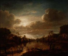 A river landscape by moonlight