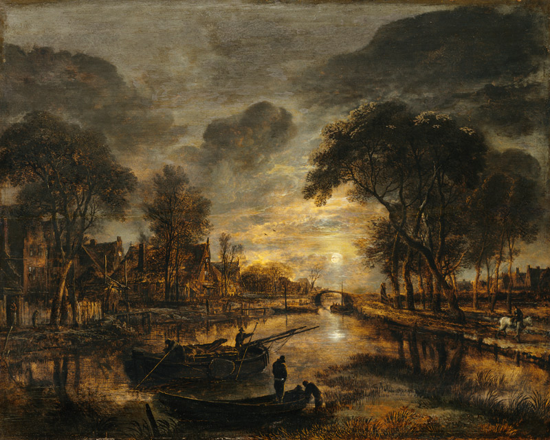 Nocturnal Canal Landscape with Fishing Boats a Aert van der Neer