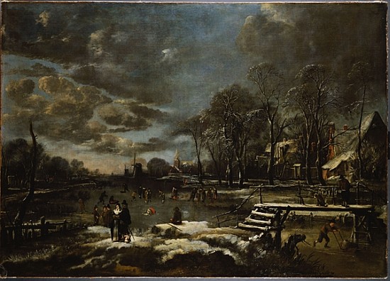 A Winter River Landscape with Figures Playing Golf and Skating a Aert van der Neer