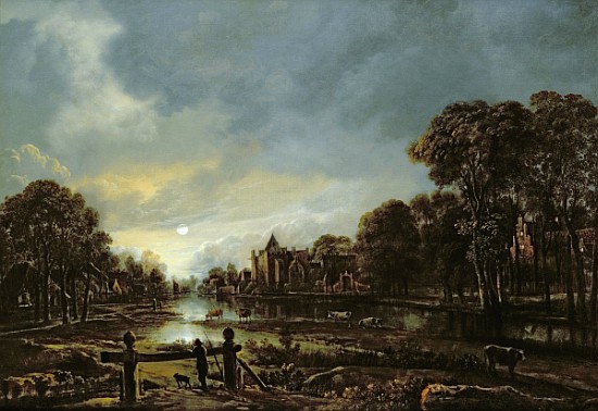 Moonlit River Landscape with Cottages on the Wooded Banks a Aert van der Neer