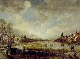 Two small towns at a river with Kolfspielern frozen up and ice-skaters a Aert van der Neer