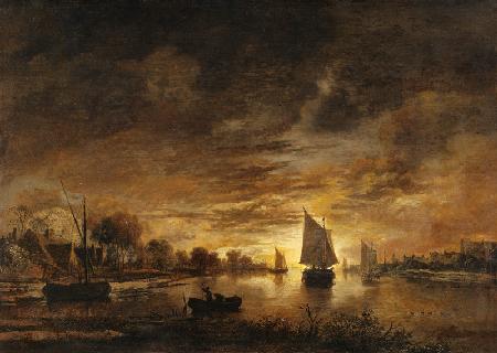 River Landscape with Ships at Moonrise