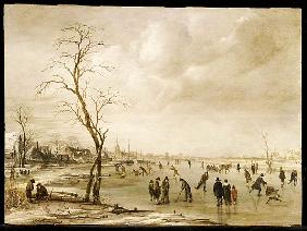 A Winter Landscape with Townsfolk Skating and Playing Kolf on a Frozen River, a Town Beyond