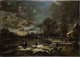 A Winter River Landscape with Figures Playing Golf and Skating