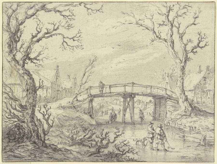 Über einen zugefrorenen Kanal bei einem Dorf eine Holzbrücke, vorne zwei Männer mit einem Hund a Aert van der Neer