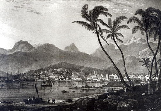 Port Louis from ''Views in the Mauritius'' by T.Bradshaw; engraved by William Rider a (after) BradshawT.