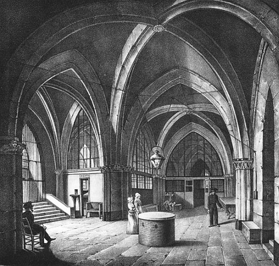 Interior view of the entrance room at the Conciergerie Prison; engraved by Alphonse Urruty (1800-70) a (after) Collard