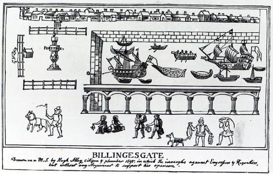 Billingsgate Market, London, after an original drawing from c.1598 a (after) English School
