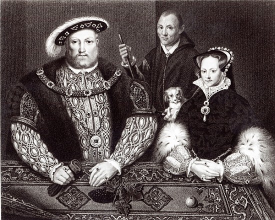Henry VIII, his daughter Queen Mary and Will Somers, after a 16th century oil painting, painted post a (after) English School