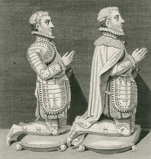 Henry Stuart, Lord Darnley and his brother Charles Stuart, Earl of Lennox, kneeling before their mot a (after) English School