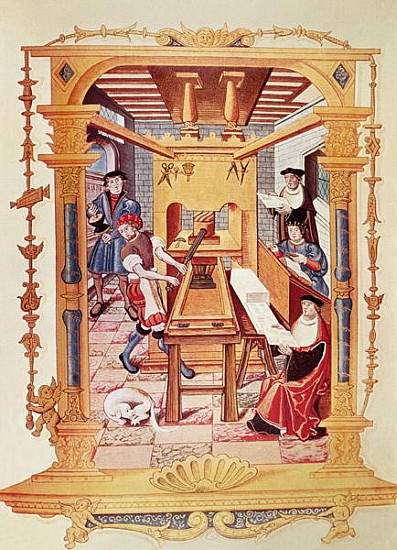 Interior of a 16th century printing works, copy of a miniature from ''Chants royaux sur la Conceptio a (after) French School