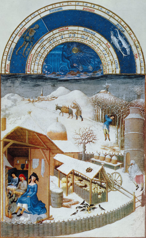 Facsimile of February: farmyard scene with peasants, copied from ''from the ''Tres Riches Heures du  a (after) Limbourg Brothers
