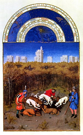 Fascimile of December: hunting wild boar, copied from ''Tres Riches Heures du Duc de Berry''  (for o a (after) Limbourg Brothers