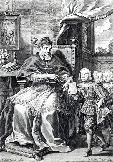 Pope Urban VIII with his nephews; engraved by Johann Friedrich Greuter a (after) Andrea Camassei