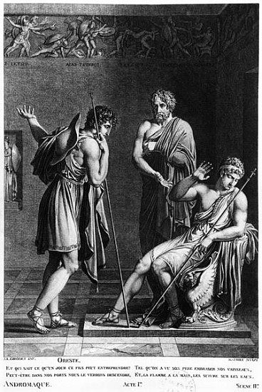 Orestes and Pyrrhus, illustration from Act I Scene 2 of ''Andromaque'' Jean Racine (1639-99) ; engra a (after) Anne Louis Girodet de Roucy-Trioson