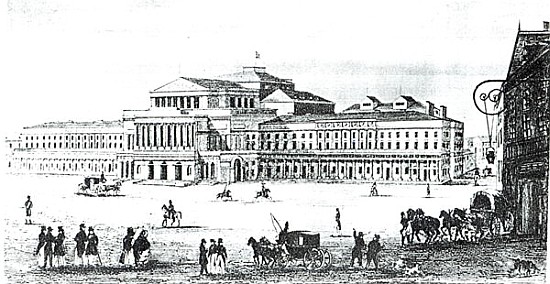 View of the Grand Theatre, Warsaw; engraved by Adam Pilinski (1810-87) a (after) Antonio Corazzi