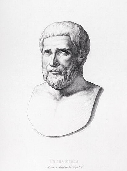 Portrait of Pythagoras (c.580-500 BC) ; engraved by B.Barloccini, 1849 a (after) C.C Perkins