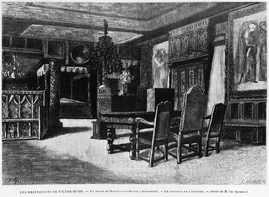 Homes of Victor Hugo, the lounge at Hauteville house in Guernsey, the armchair of the ancestor; engr a (after) Charles Gosselin