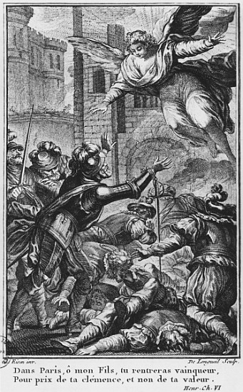 Siege of Paris, apparition of St. Louis (1214-70) to Henri IV (1553-1610) ; engraved by Joseph de Lo a (after) Charles Joseph Dominique Eisen
